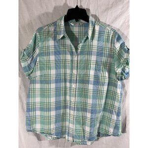Riders By Lee Women’s XL Blue Green Plaid Short Sleeve Cotton Blouse